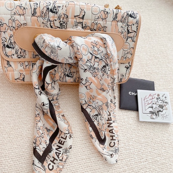 SOLD ✨Chanel Limited Edition Karl Lagerfeld Print Satin Stitch Chain Scarf Bag - Picture 6 of 17
